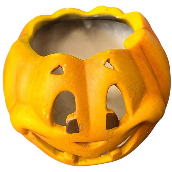 Vtg Terra Cotta Jack o Lantern Tea Light Holder Halloween Decor - Picture 3 of 9